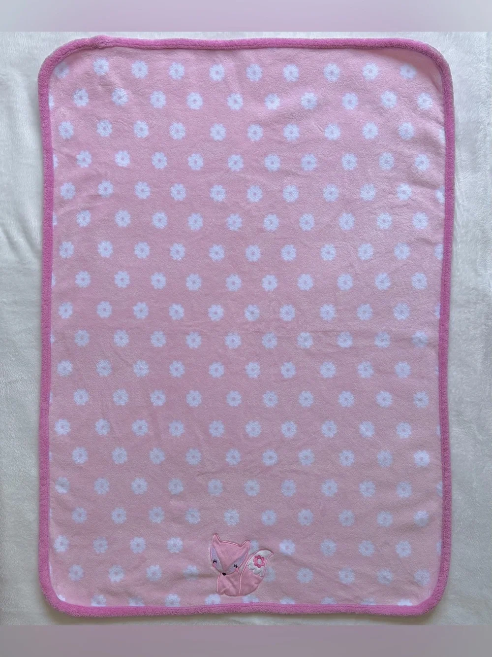 Girls Pink & White Plush Baby Blanket - Floral Print Fox Infant Blanket 30”x40”